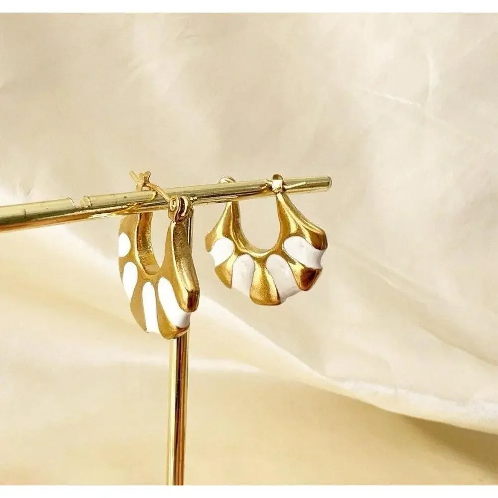 Gold Plated Stunning Egyptian Style Hoop Earrings White Enamel & Gold